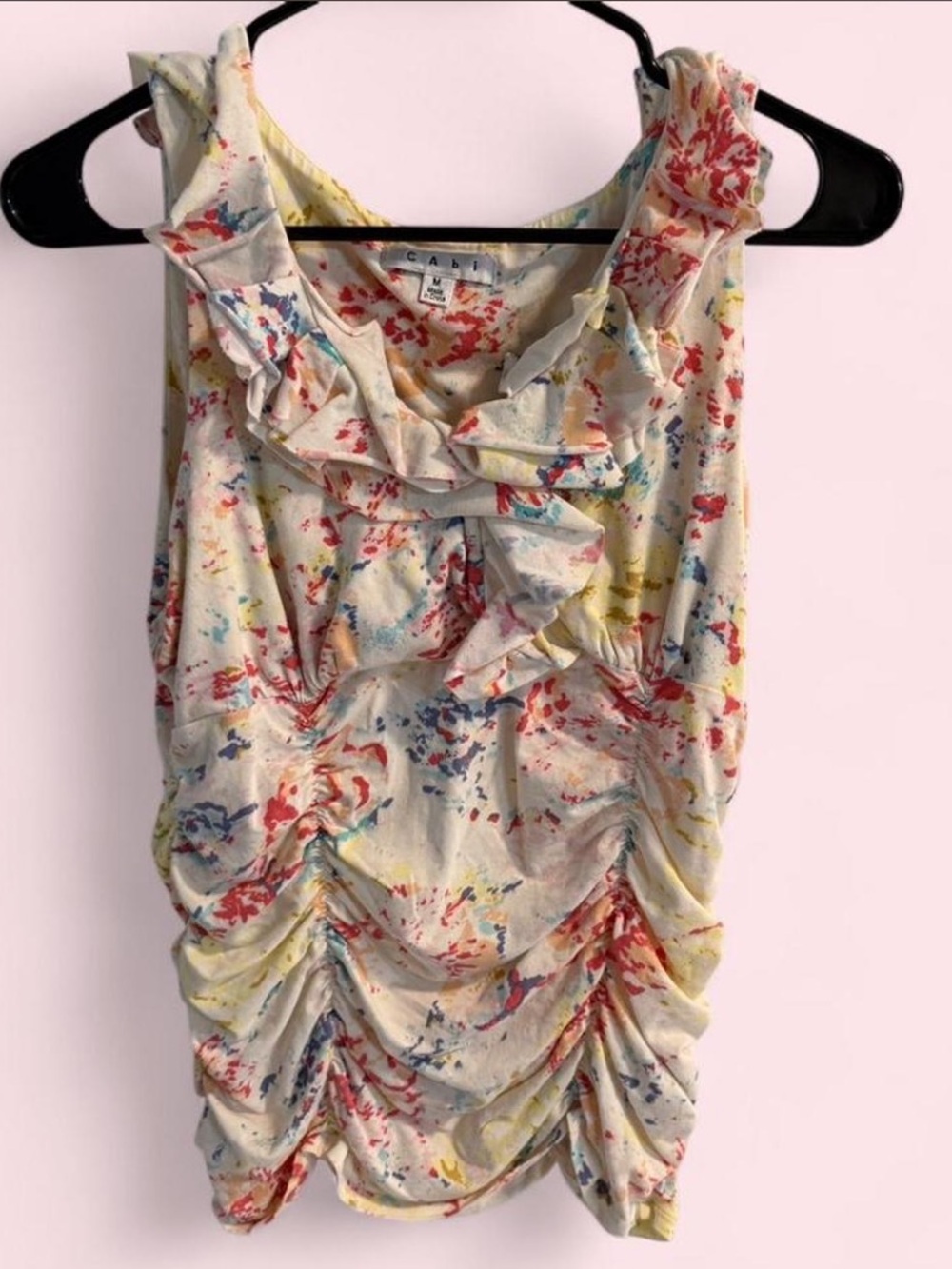 CAbi Cream Multi-Color Ruffle Sleeveless Top